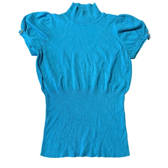 Express Design Studio Blue Puff Sleeve Mock Neck Sweater Top L Y2K Retro Ribbed - Picture 1 of 9